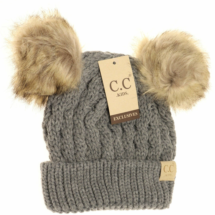 Kids' Cable Knit Double Fur Pom Beanie