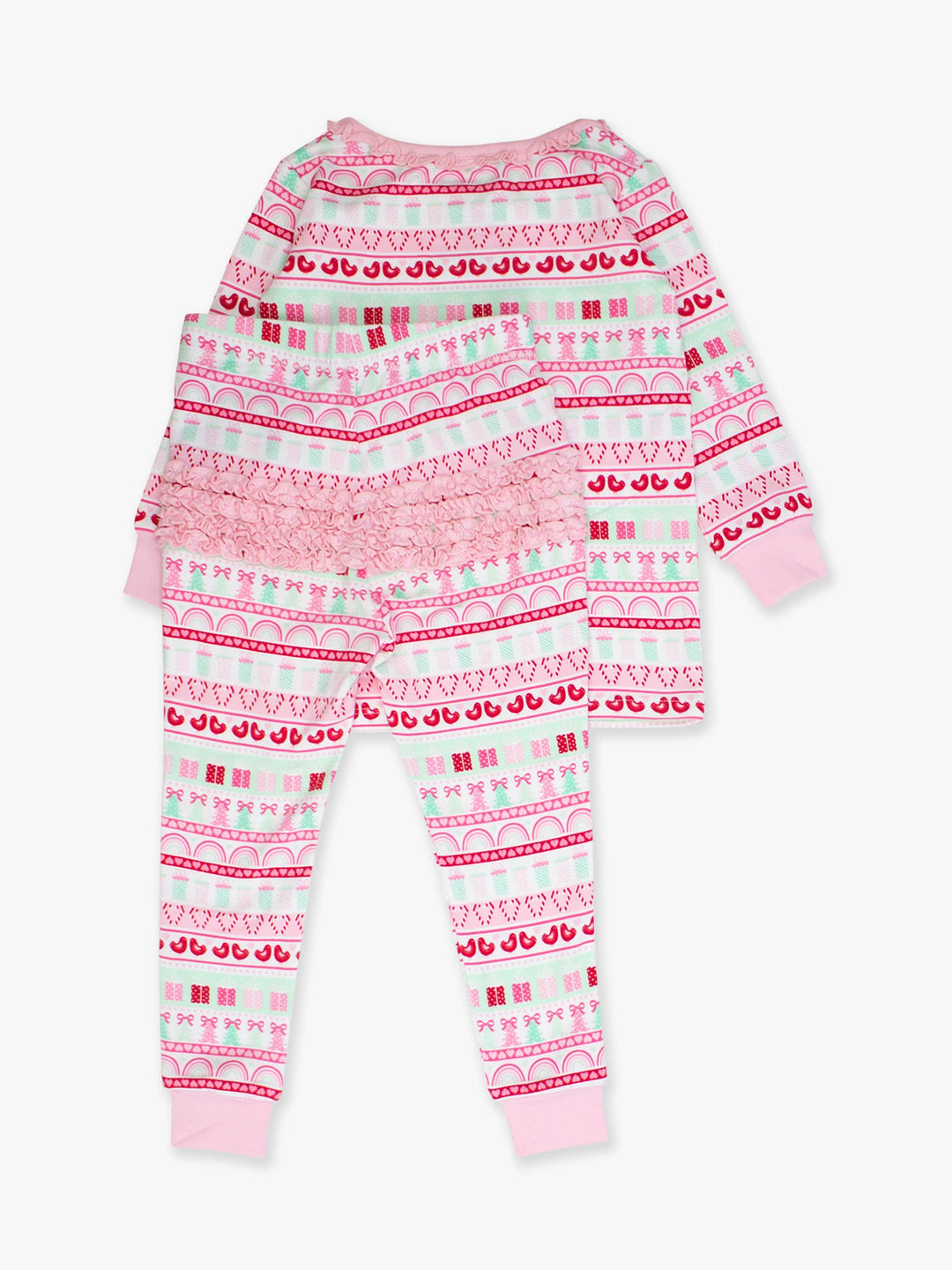 SoftSnooze™ Toddler Girls Cotton Modal Pinkmas Fair Isle Ruffle Long Sleeve Pajama Set with Signature Rear Ruffles