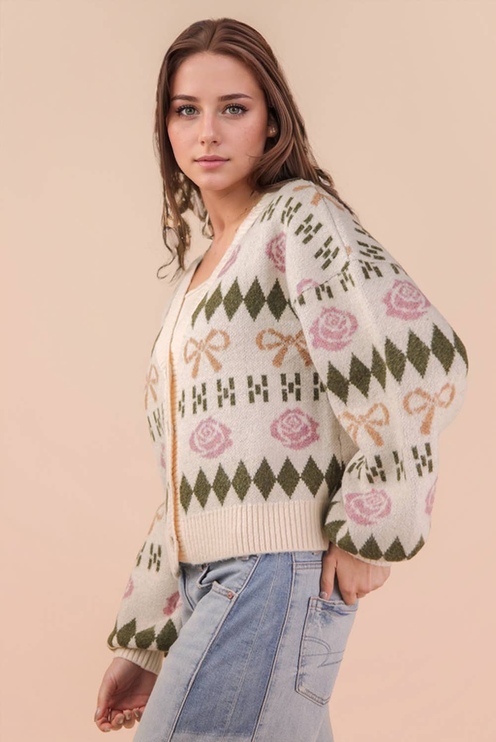 Bow & Floral Graphic Knit Sweater Cardigan