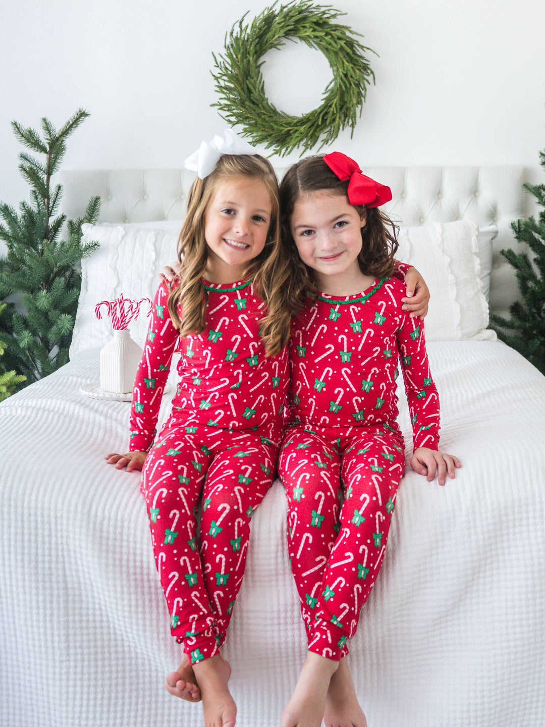 SoftSnooze™ Toddler Girls Bamboo Viscose Candy Cane Cutie Ruffle Long Sleeve Pajama Set with Signature Rear Ruffles