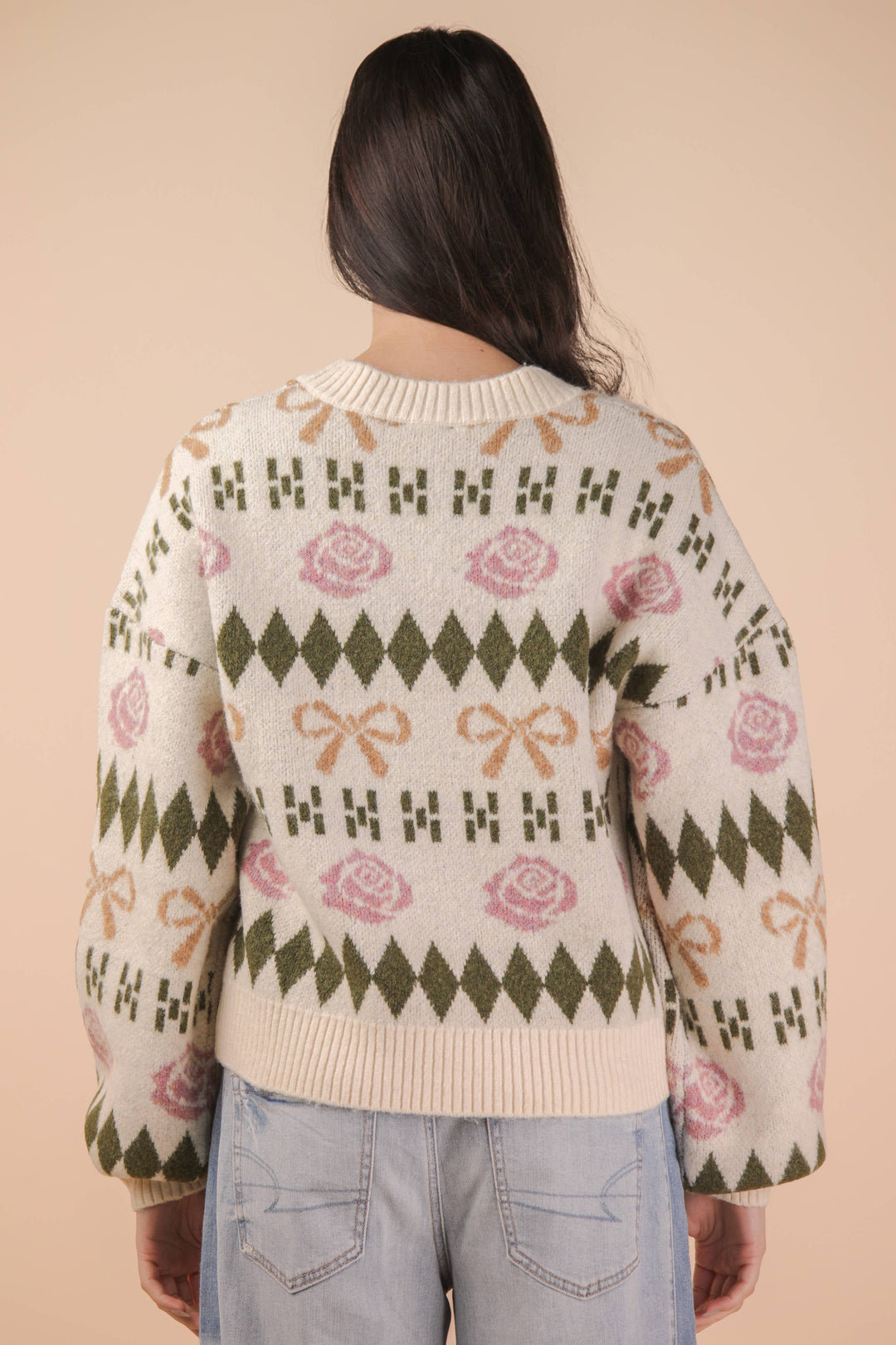 Bow & Floral Graphic Knit Sweater Cardigan