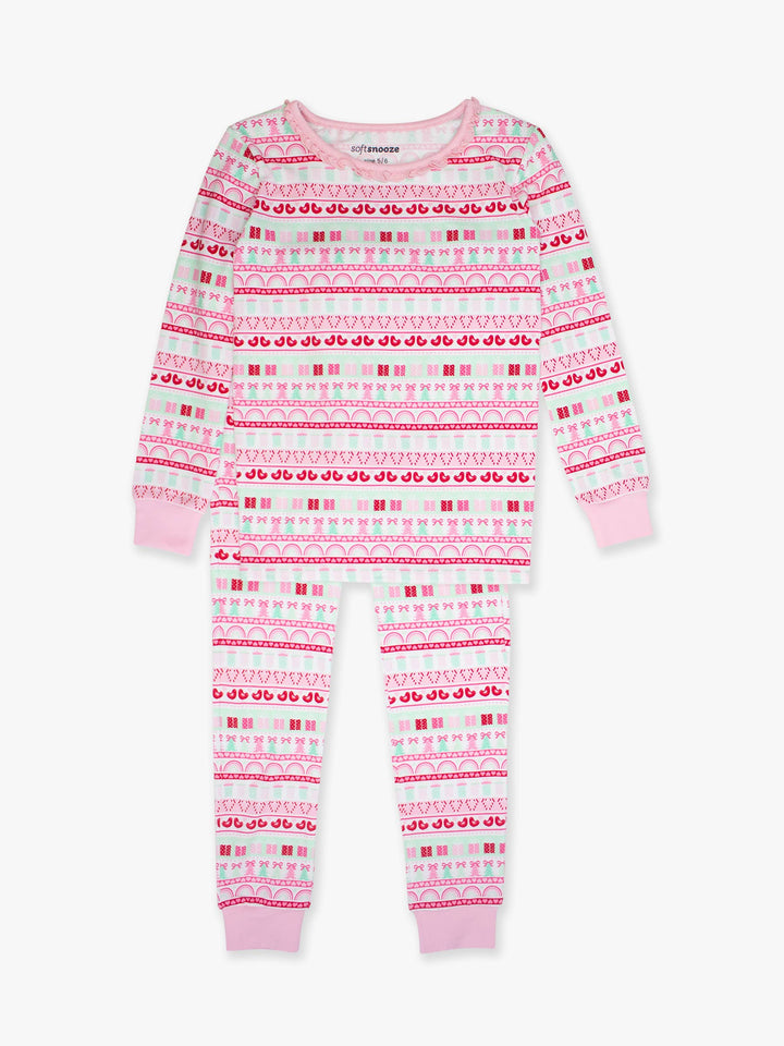 SoftSnooze™ Girls Cotton Modal Pinkmas Fair Isle Ruffle Long Sleeve Pajama Set