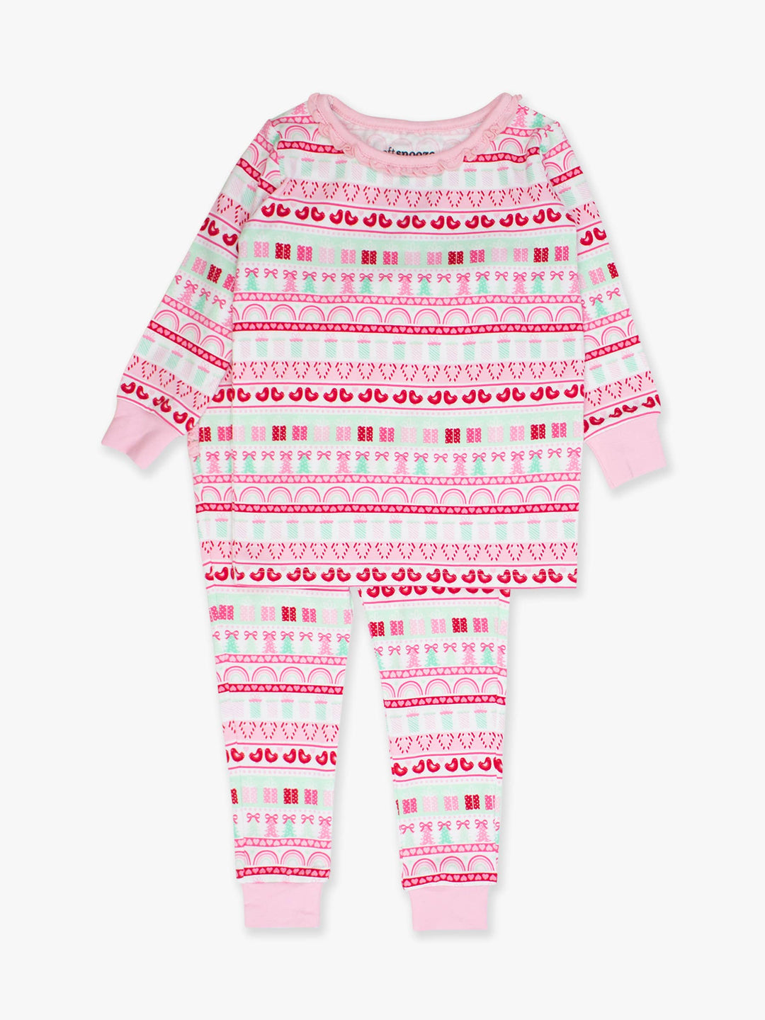 SoftSnooze™ Toddler Girls Cotton Modal Pinkmas Fair Isle Ruffle Long Sleeve Pajama Set with Signature Rear Ruffles