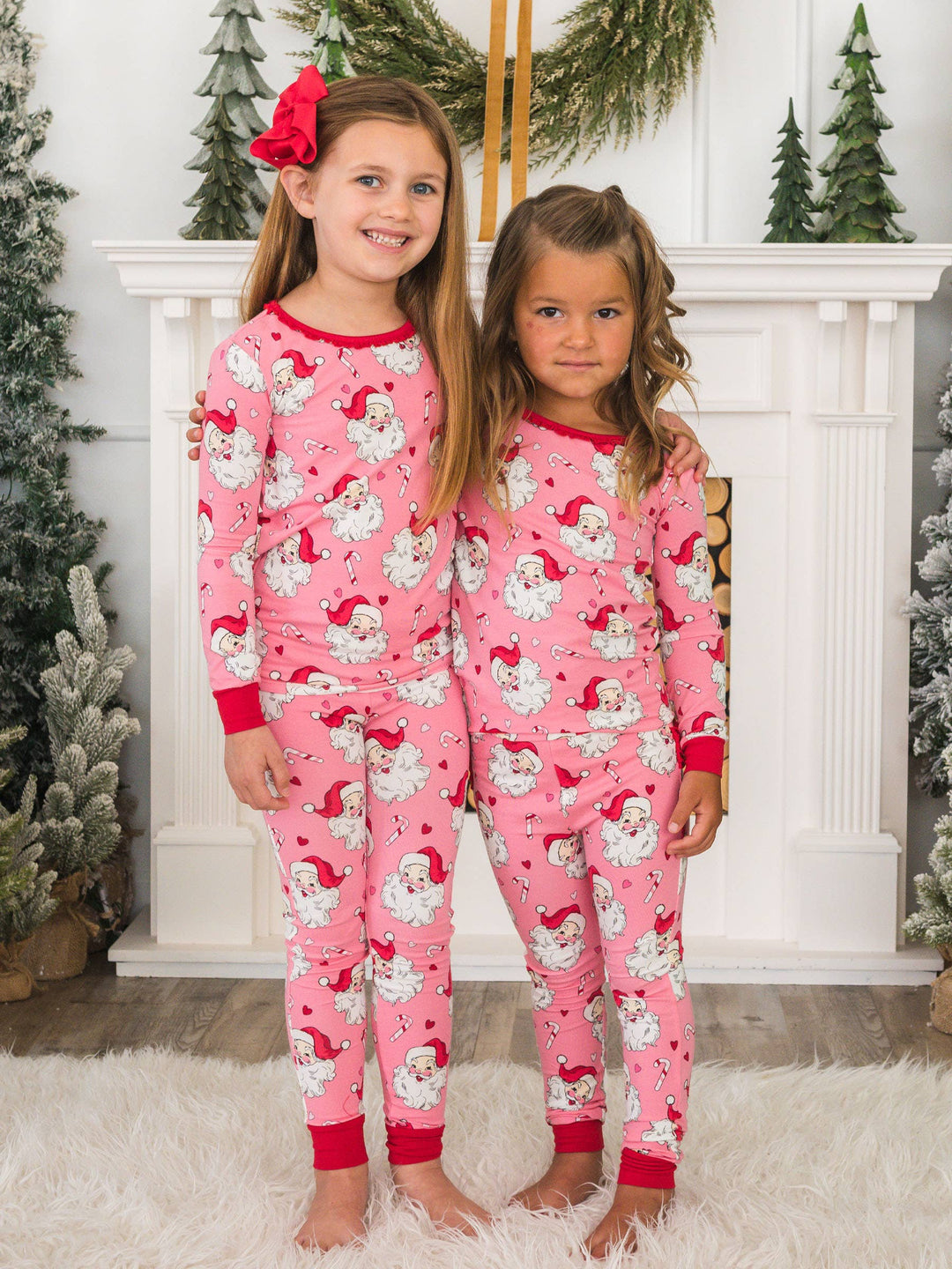 SoftSnooze™ Toddler Girls Cotton Modal Pink Santa Joy Ruffle Long Sleeve Pajama Set with Signature Rear Ruffles