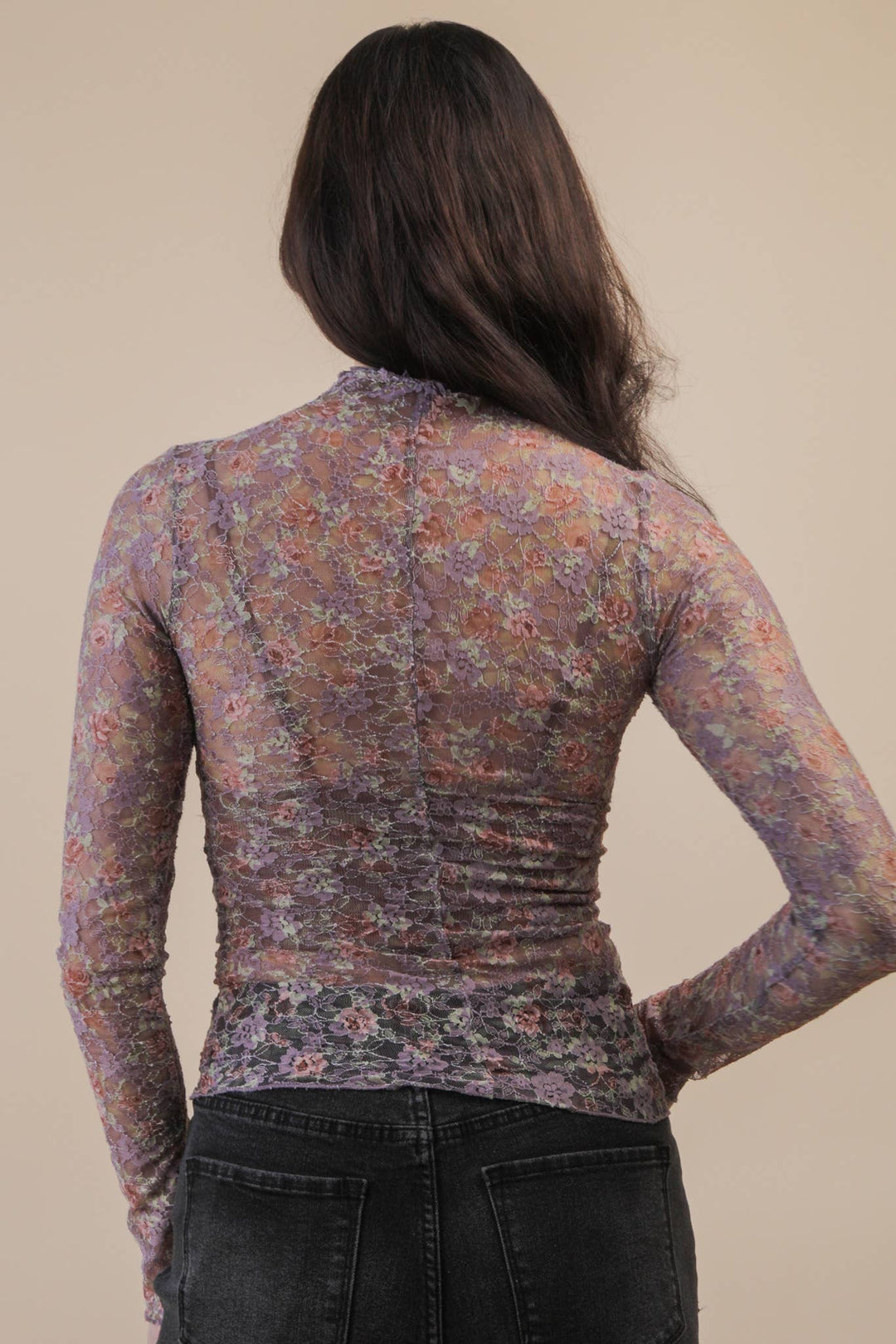 High Neck Fitted Sheer Mesh Lace Knit Top