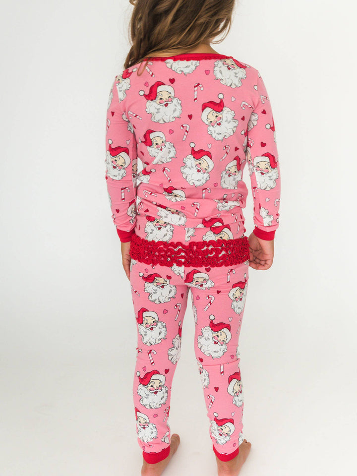 SoftSnooze™ Toddler Girls Cotton Modal Pink Santa Joy Ruffle Long Sleeve Pajama Set with Signature Rear Ruffles