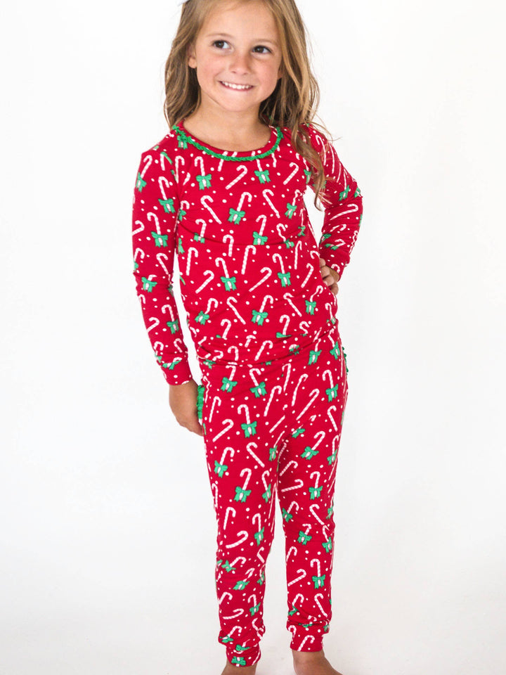SoftSnooze™ Toddler Girls Bamboo Viscose Candy Cane Cutie Ruffle Long Sleeve Pajama Set with Signature Rear Ruffles