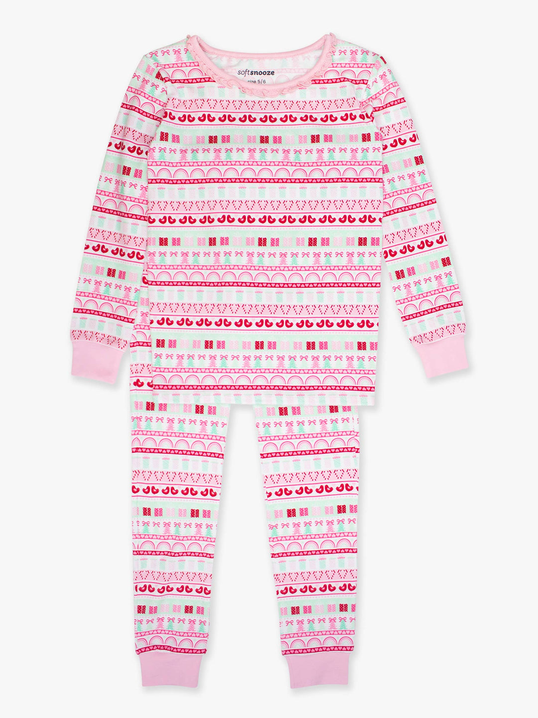 SoftSnooze™ Girls Cotton Modal Pinkmas Fair Isle Ruffle Long Sleeve Pajama Set