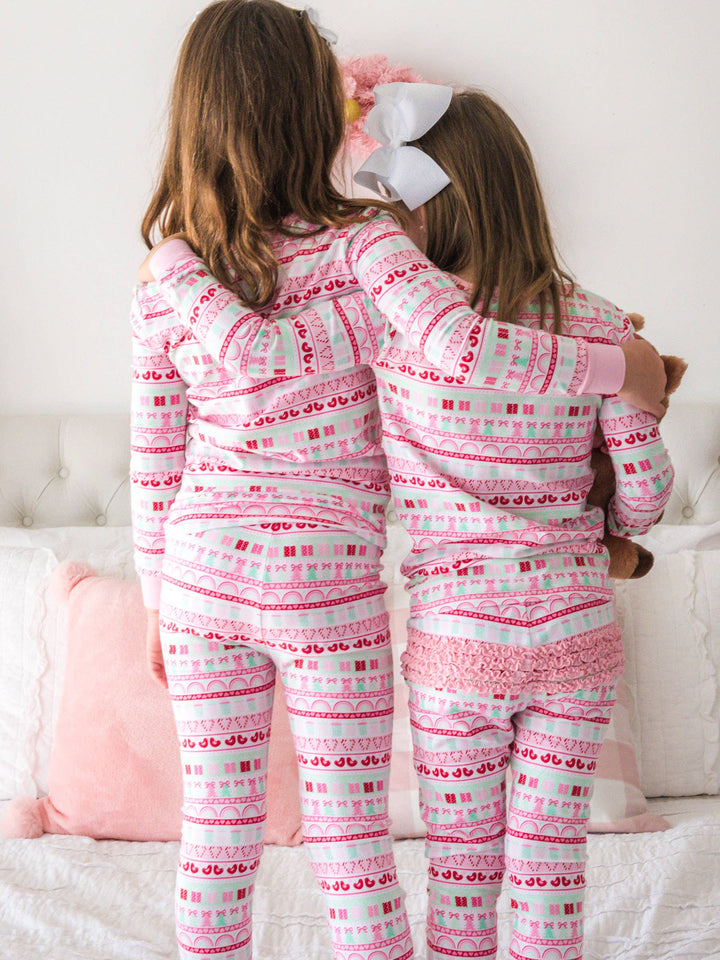 SoftSnooze™ Toddler Girls Cotton Modal Pinkmas Fair Isle Ruffle Long Sleeve Pajama Set with Signature Rear Ruffles