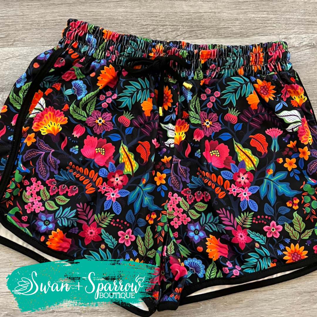 Fiesta Time Floral, Black Everyday Drawstring Shorts