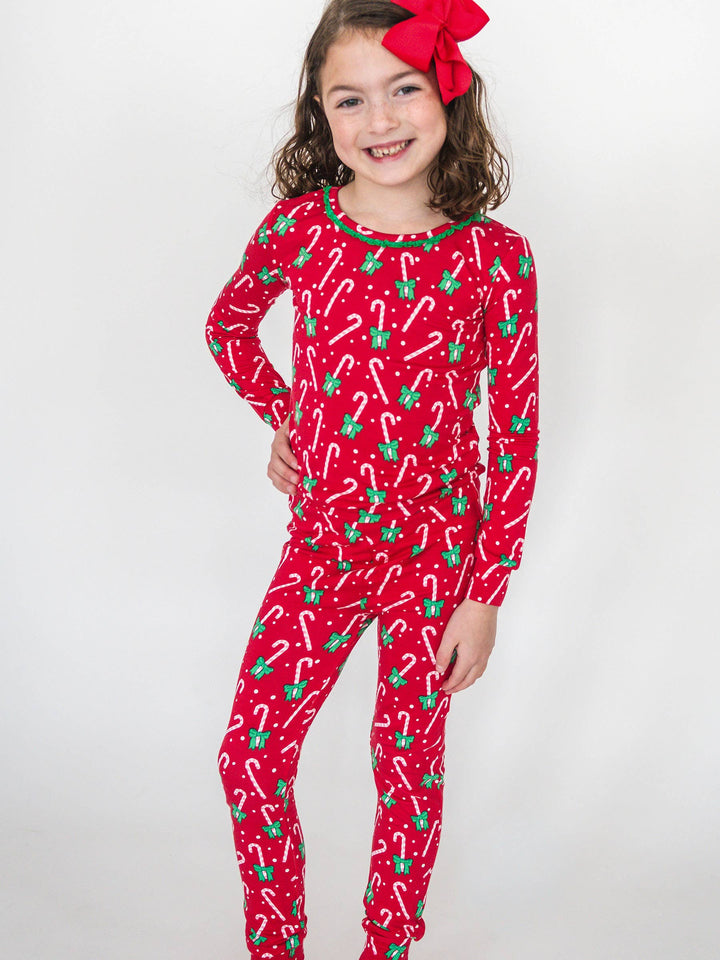 SoftSnooze™ Girls Bamboo Viscose Candy Cane Cutie Ruffle Long Sleeve Pajama Set