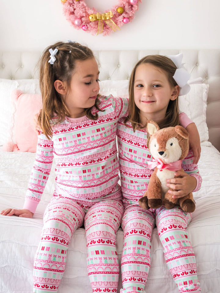 SoftSnooze™ Girls Cotton Modal Pinkmas Fair Isle Ruffle Long Sleeve Pajama Set