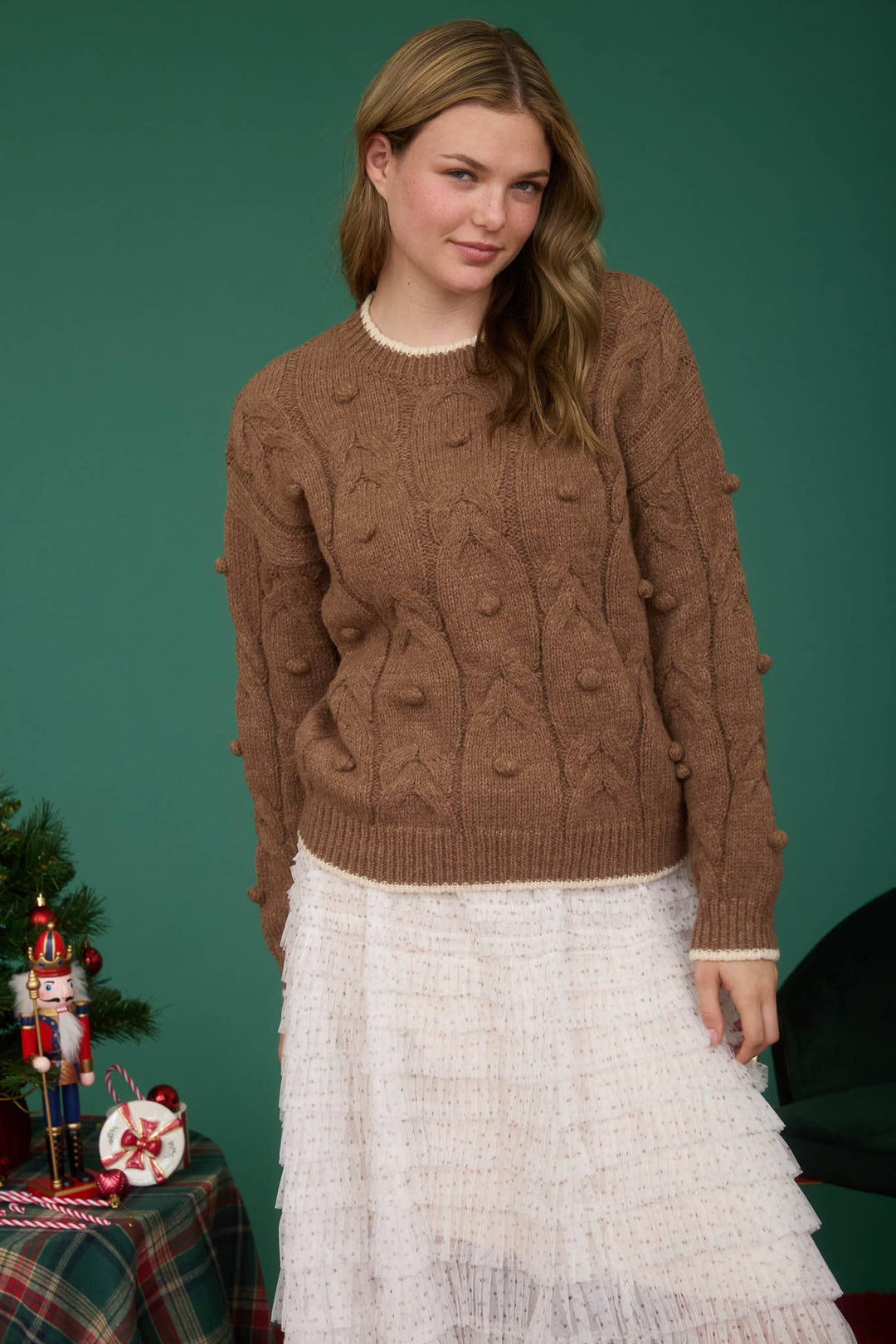 Cozy Cocoa Pom Cable Knit Sweater