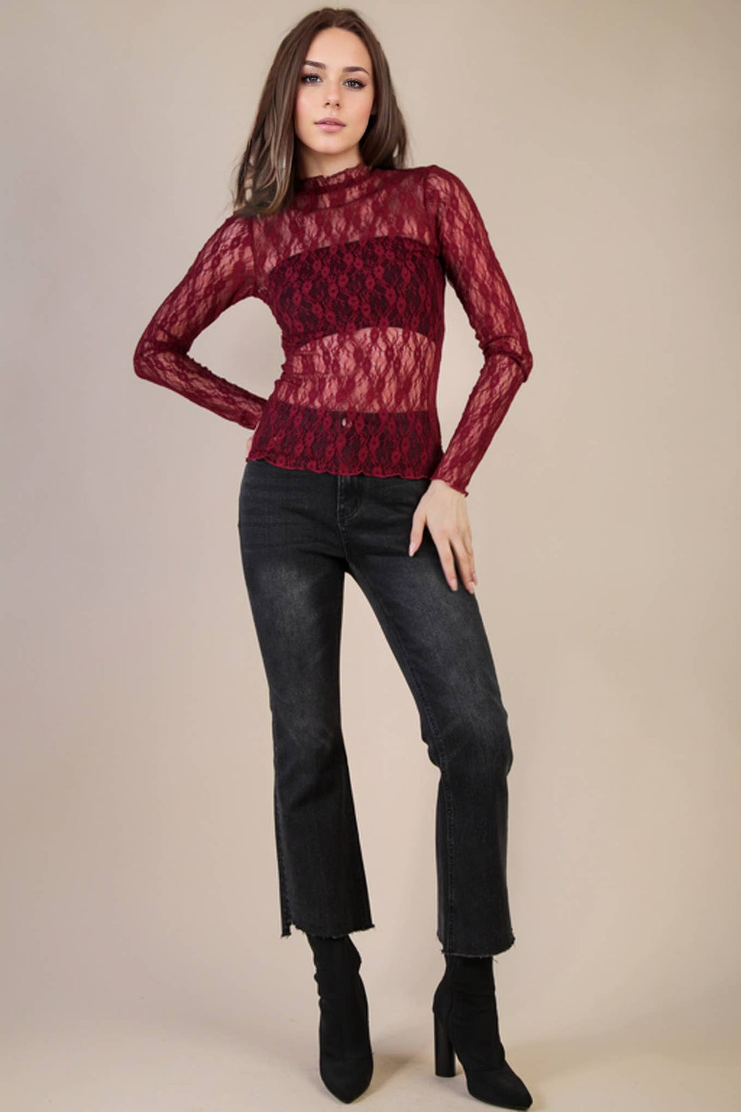 High Neck Fitted Sheer Mesh Lace Knit Top