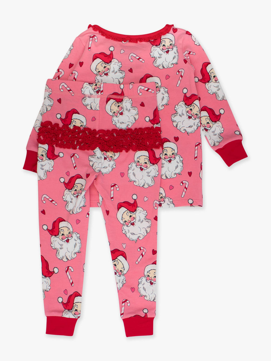 SoftSnooze™ Toddler Girls Cotton Modal Pink Santa Joy Ruffle Long Sleeve Pajama Set with Signature Rear Ruffles