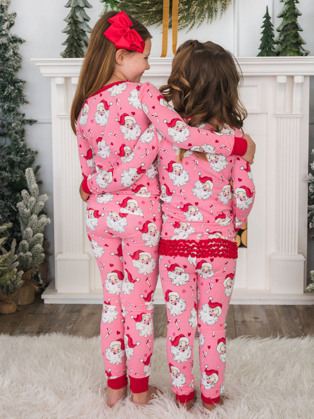 SoftSnooze™ Toddler Girls Cotton Modal Pink Santa Joy Ruffle Long Sleeve Pajama Set with Signature Rear Ruffles