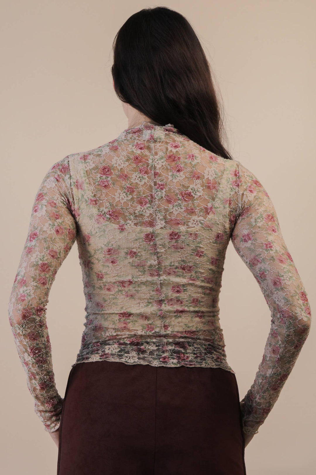 High Neck Fitted Sheer Mesh Lace Knit Top