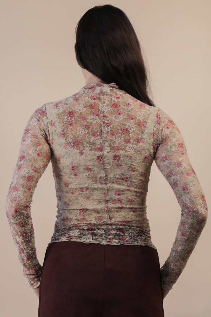 High Neck Fitted Sheer Mesh Lace Knit Top