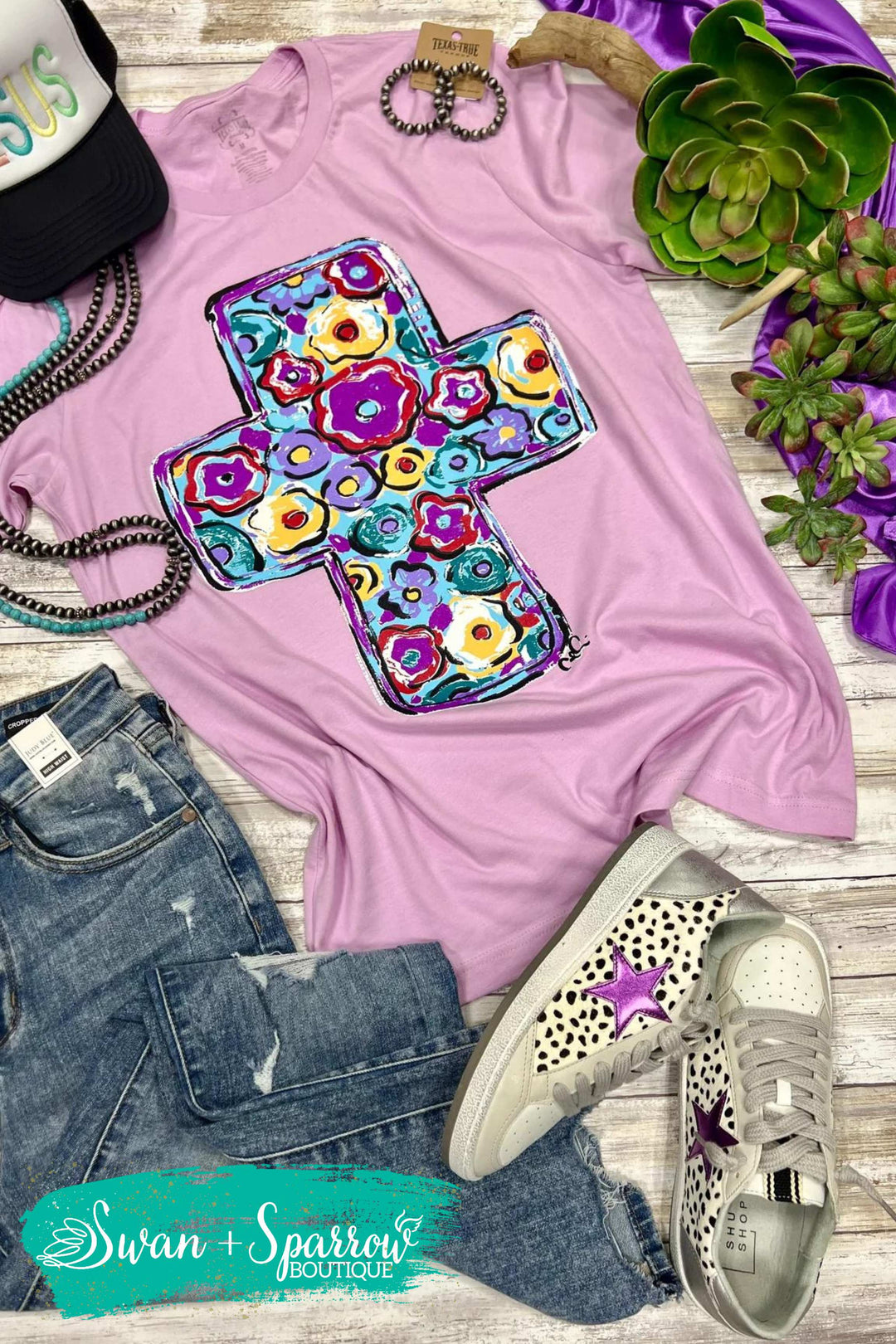Purple Floral Cross Tee