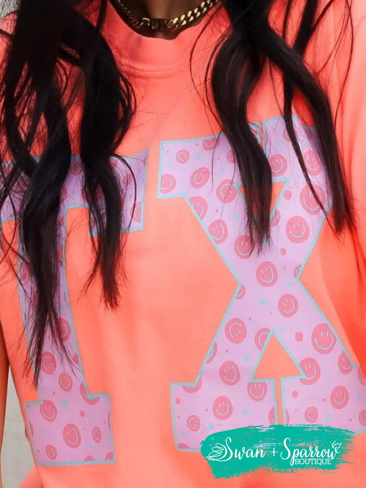 Neon Coral Texas Happy Face Tee