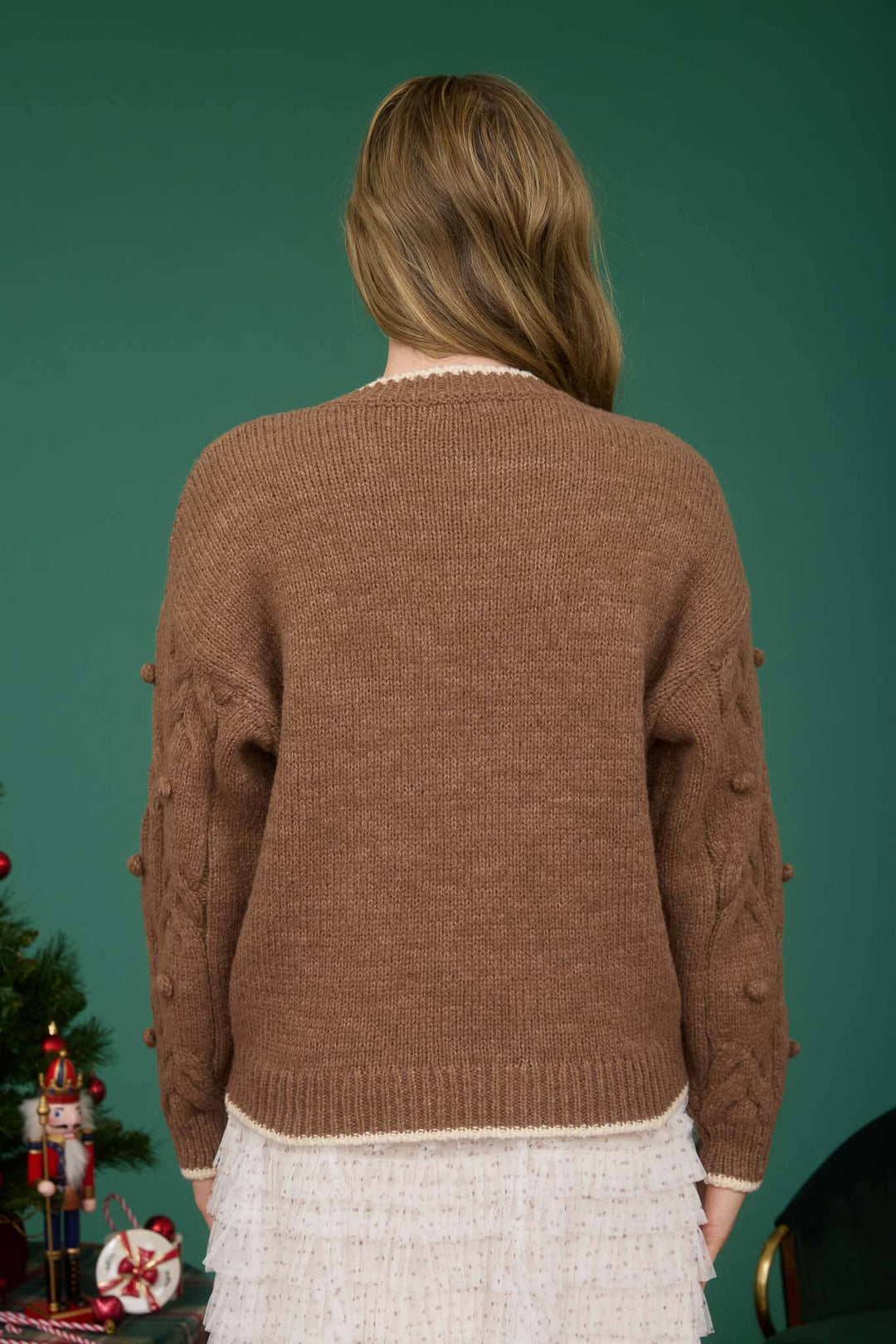 Cozy Cocoa Pom Cable Knit Sweater