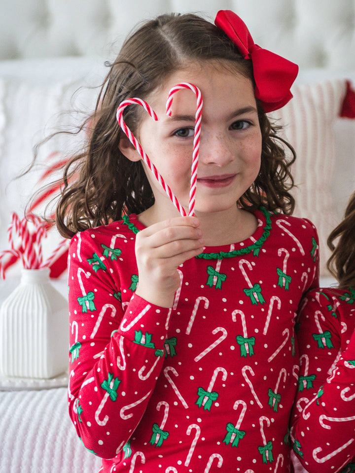 SoftSnooze™ Girls Bamboo Viscose Candy Cane Cutie Ruffle Long Sleeve Pajama Set