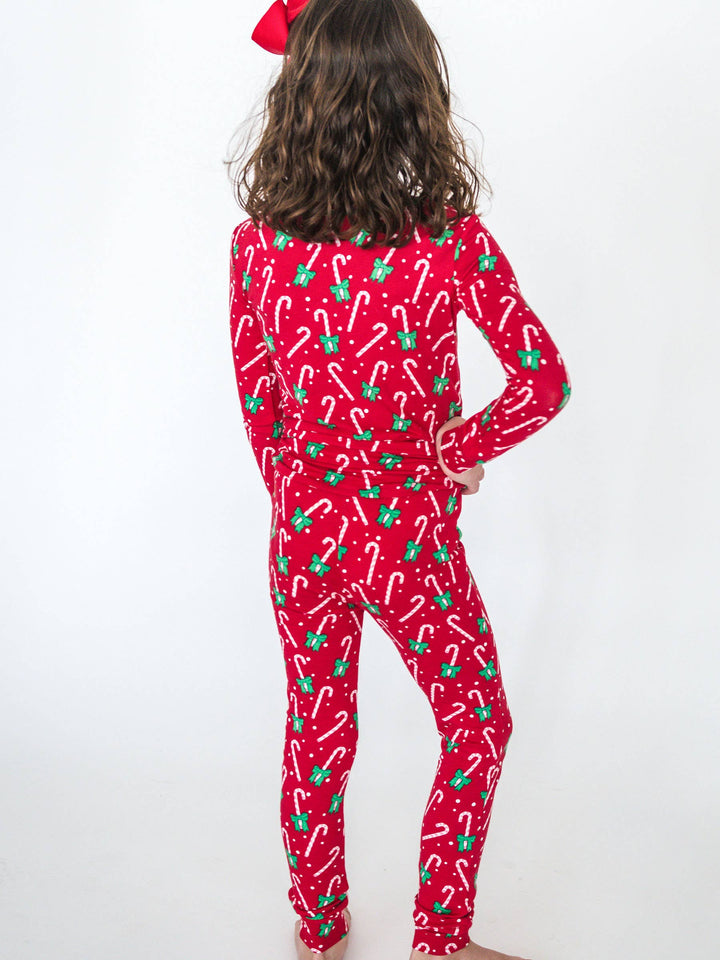 SoftSnooze™ Girls Bamboo Viscose Candy Cane Cutie Ruffle Long Sleeve Pajama Set