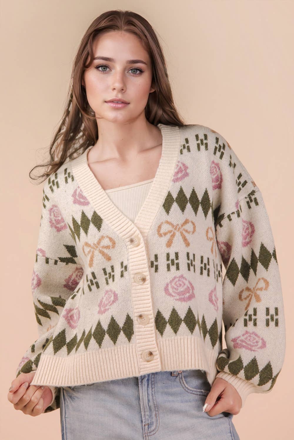 Bow & Floral Graphic Knit Sweater Cardigan