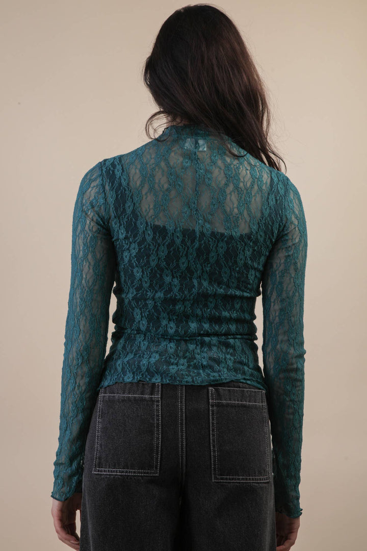 High Neck Fitted Sheer Mesh Lace Knit Top
