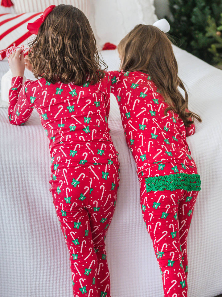 SoftSnooze™ Toddler Girls Bamboo Viscose Candy Cane Cutie Ruffle Long Sleeve Pajama Set with Signature Rear Ruffles