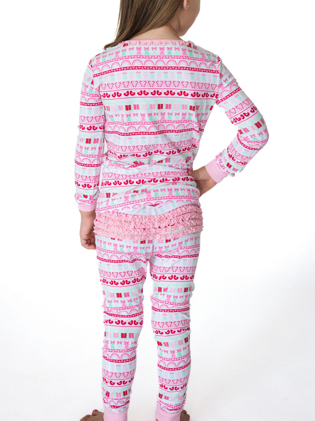 SoftSnooze™ Toddler Girls Cotton Modal Pinkmas Fair Isle Ruffle Long Sleeve Pajama Set with Signature Rear Ruffles