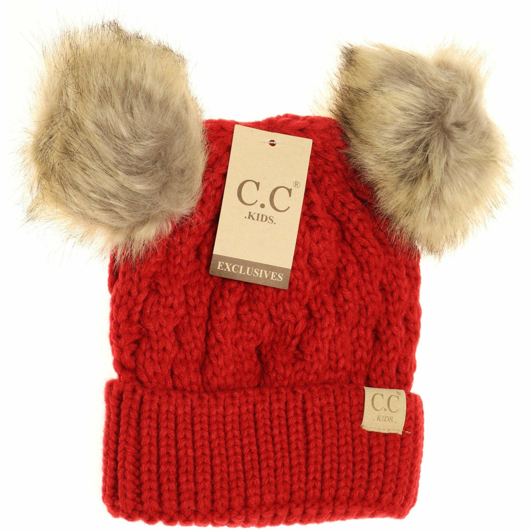 Kids' Cable Knit Double Fur Pom Beanie