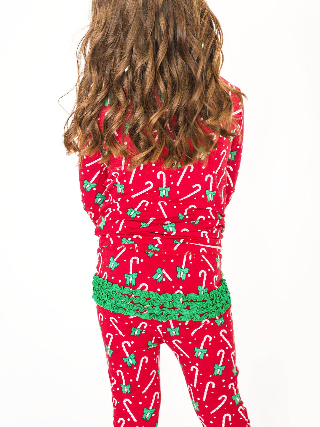 SoftSnooze™ Toddler Girls Bamboo Viscose Candy Cane Cutie Ruffle Long Sleeve Pajama Set with Signature Rear Ruffles