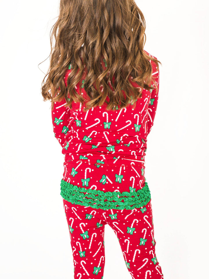 SoftSnooze™ Toddler Girls Bamboo Viscose Candy Cane Cutie Ruffle Long Sleeve Pajama Set with Signature Rear Ruffles
