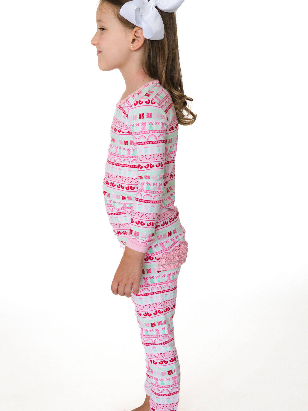 SoftSnooze™ Toddler Girls Cotton Modal Pinkmas Fair Isle Ruffle Long Sleeve Pajama Set with Signature Rear Ruffles