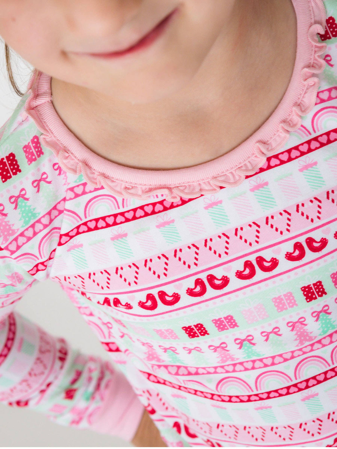 SoftSnooze™ Toddler Girls Cotton Modal Pinkmas Fair Isle Ruffle Long Sleeve Pajama Set with Signature Rear Ruffles