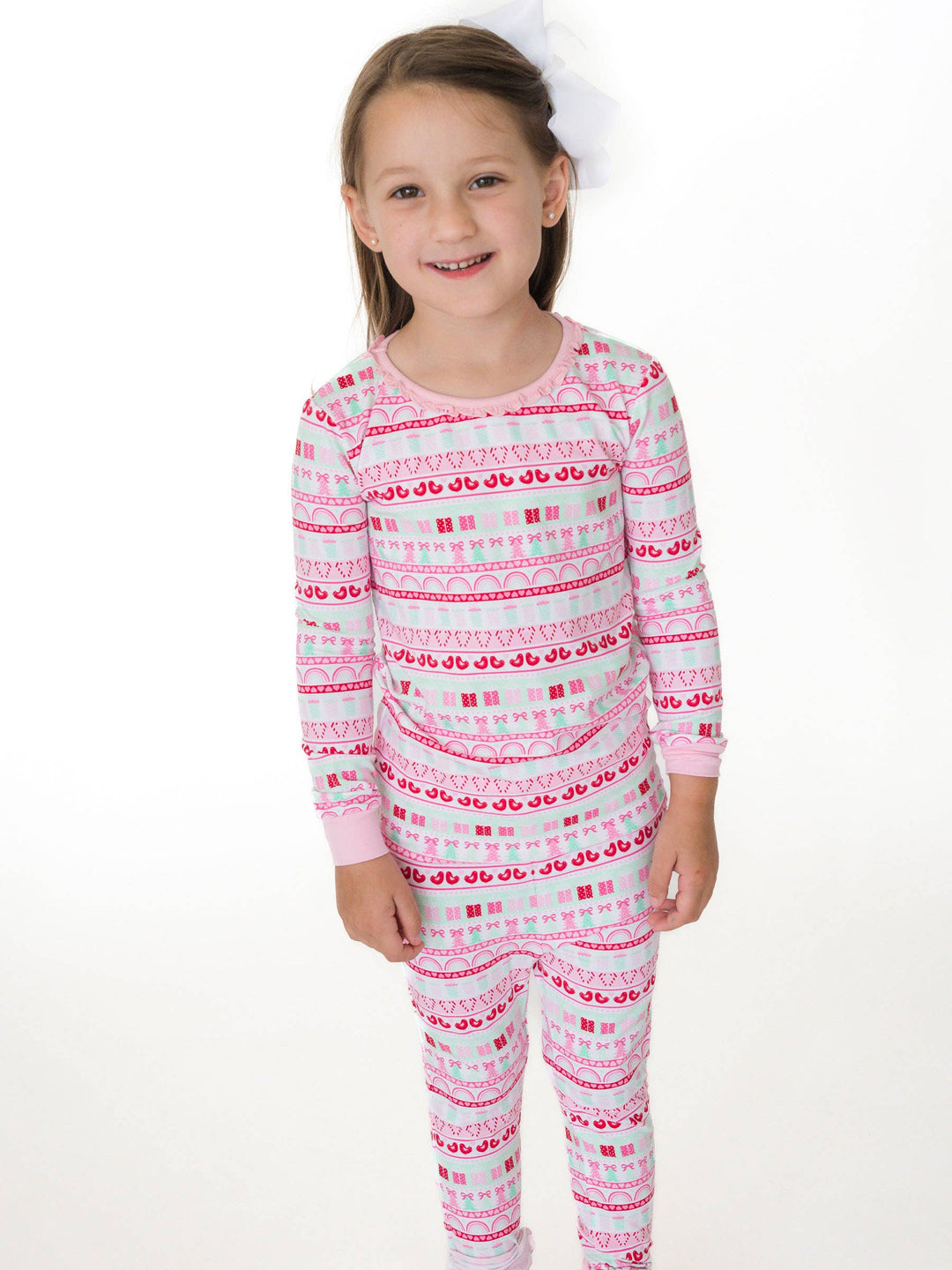 SoftSnooze™ Toddler Girls Cotton Modal Pinkmas Fair Isle Ruffle Long Sleeve Pajama Set with Signature Rear Ruffles