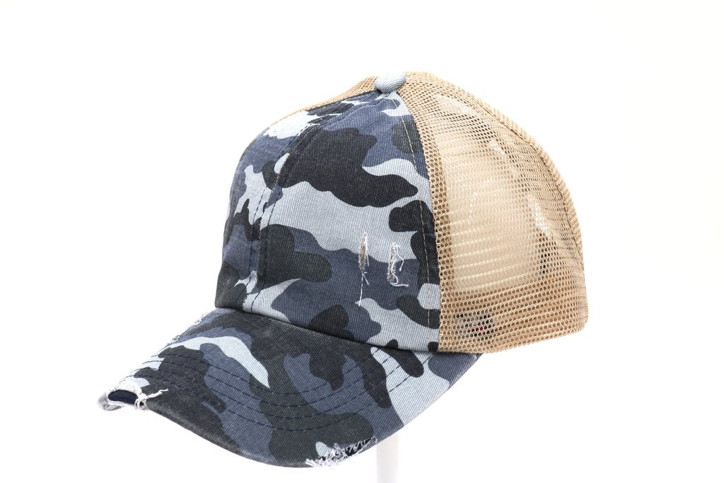 Washed Denim Criss Cross High Pony CC Ball Cap