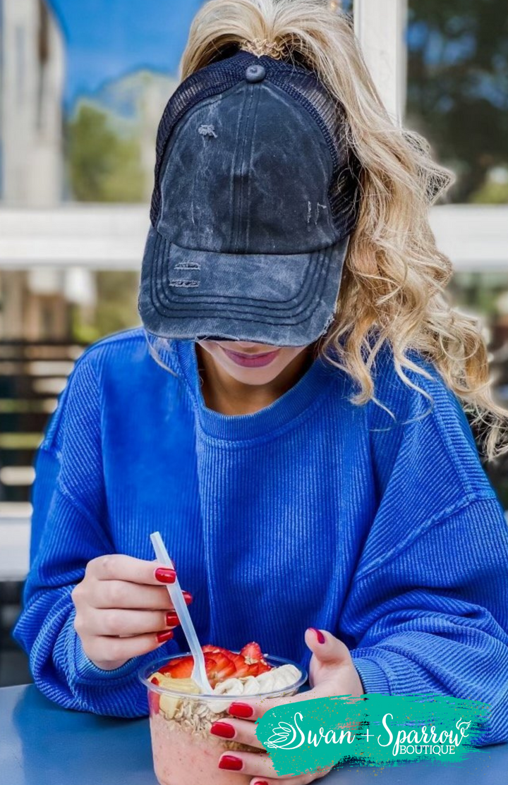 Washed Denim Criss Cross High Pony CC Ball Cap