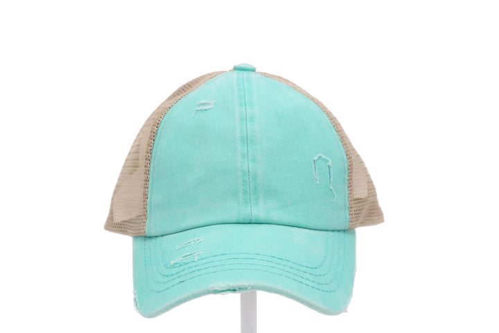 Washed Denim Criss Cross High Pony CC Ball Cap