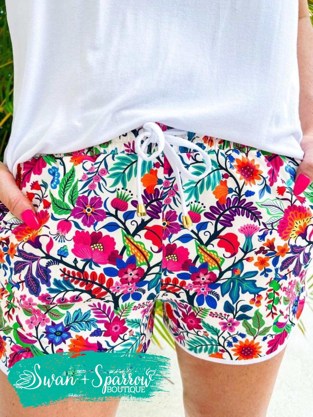 Fiesta Time Floral, White Drawstring Everyday Shorts