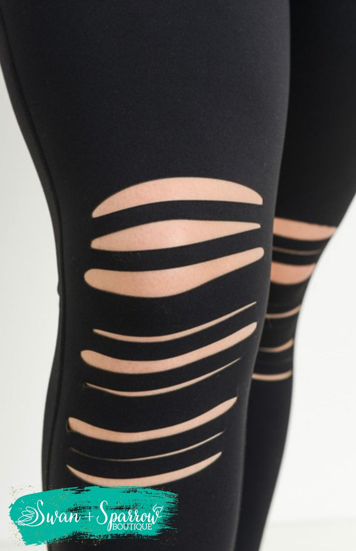 High Waisted Shredded Knee Laser-cut Leggings