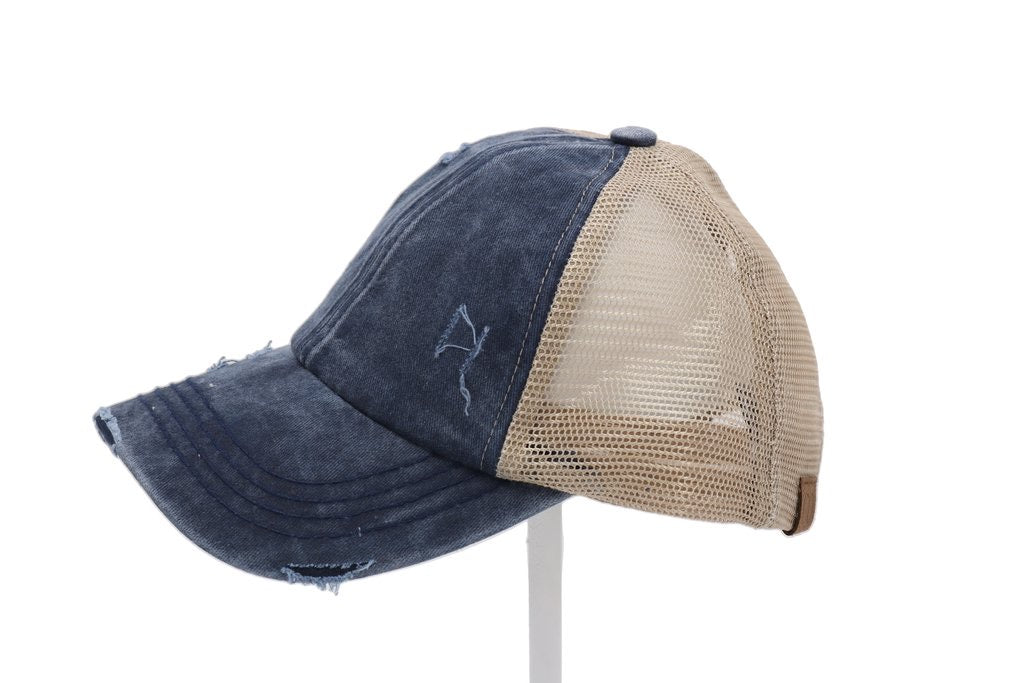 Washed Denim Criss Cross High Pony CC Ball Cap